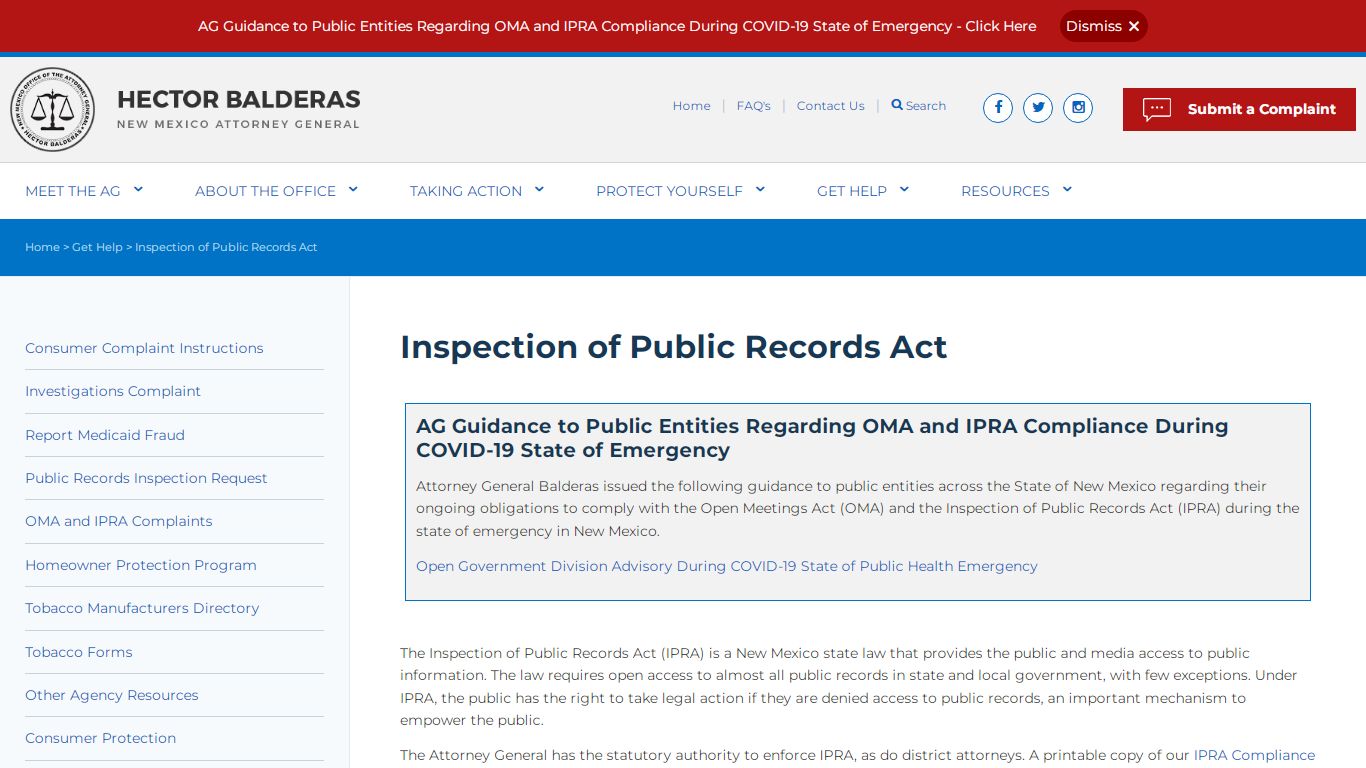 Inspection of Public Records Act - Attorney General of New Mexico